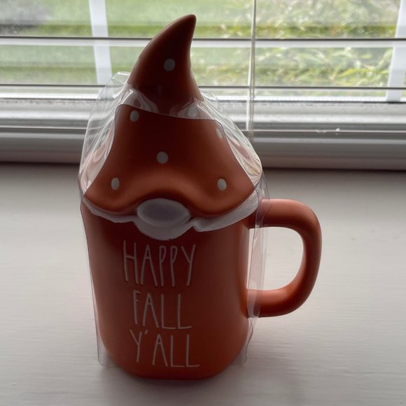 New Rae Dunn by Magenta Orange Ivory Happy Fall Y'all Gnome Mug with Lid - Picture 7 of 8